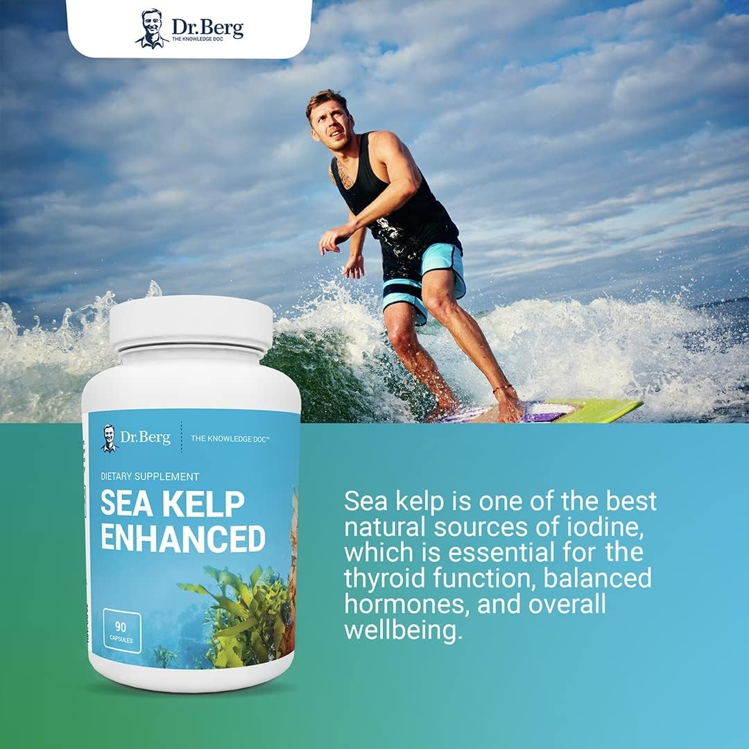 Dr. Berg's Sea Kelp Enhanced - Pure Healthy Thyroid Support Natural Antioxidants & Iodine Supplement w/ Organic Sea Kelp, Blue-Green Algae & Red Algae - Immune System & Metabolism Support 90 Capsules
