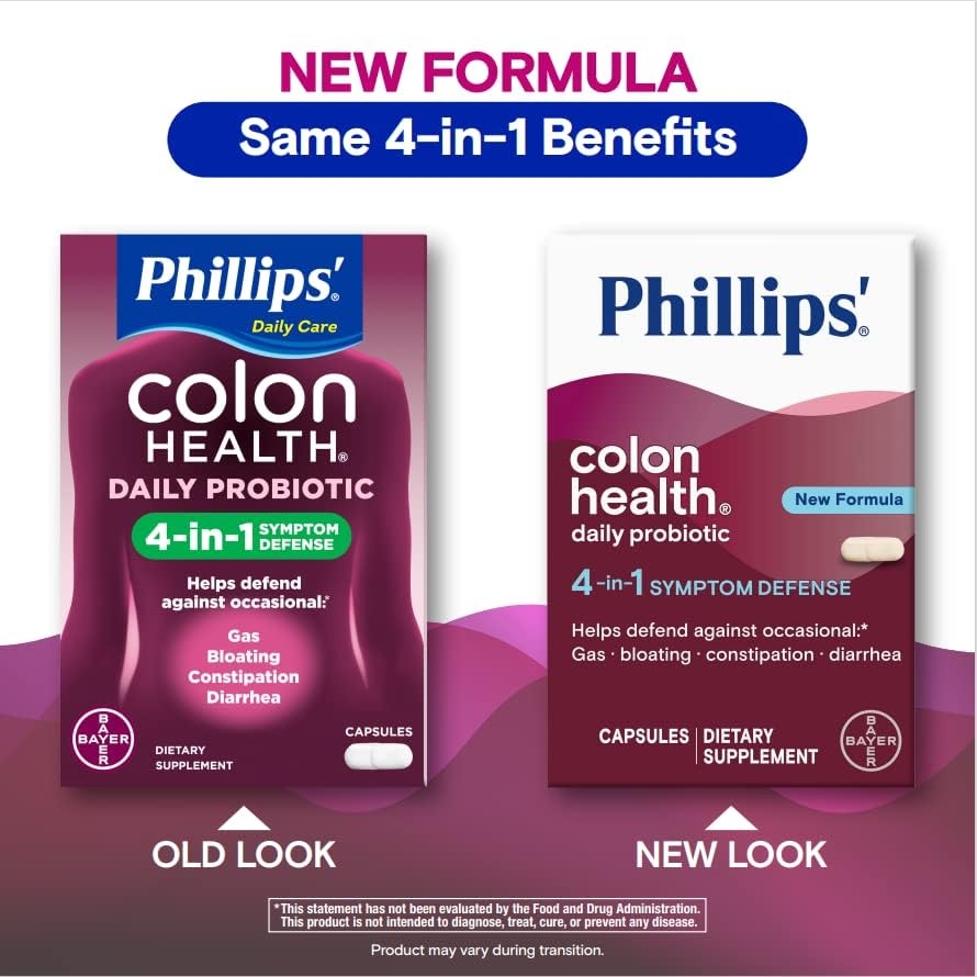 Phillips’ Colon Health Daily Probiotic Capsules, 4-in-1 Symptom Defense to help defend against Occasional Gas, Bloating, Constipation, and Diarrhea, Daily Supplement, 60 Count
