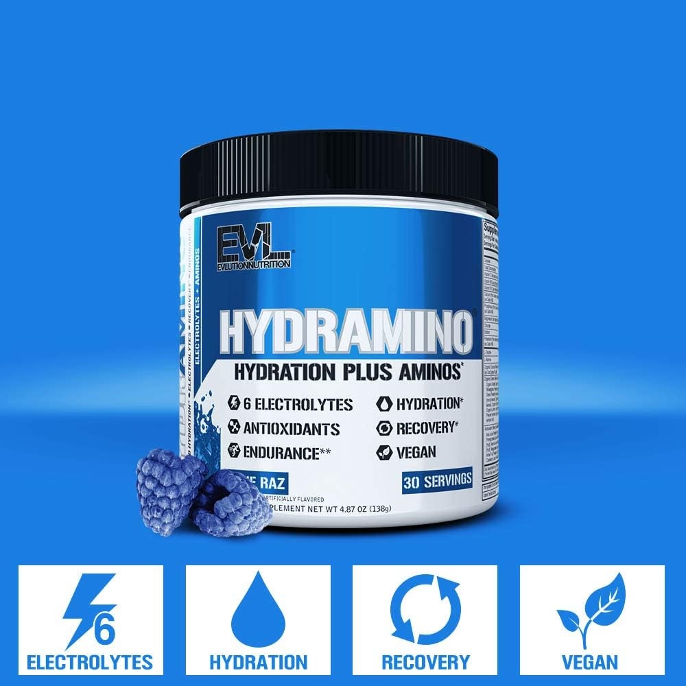 HYDRAMINO Complete Hydration Multiplier, All 6 Electrolytes, Vitamin C & B, Fluid Boosting Aminos, Coconut Water, Endurance & Recovery, Immunity Support, Antioxidants, 0 Sugar, 30 Serve, Blue Raz