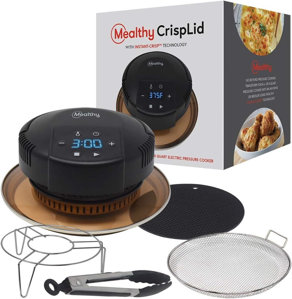 Mealthy CrispLid for Pressure Cooker - Turns your Pressure Cooker into an Air Fryer - Air fry, Crisp or Broil fits 6 & 8 Q Pot Basket, Trivet, Silicone Mat, Tongs plus Instant access Free Recipe App