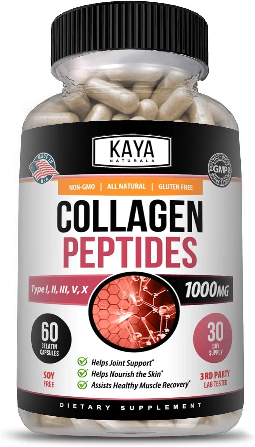 Kaya Naturals Collagen Complex, 60 Count Capsules for Anti-Aging, Hair, Skin, Nails and Joints, Types I, II, III, V & X Collagen Protein Blend (60 Capsules)