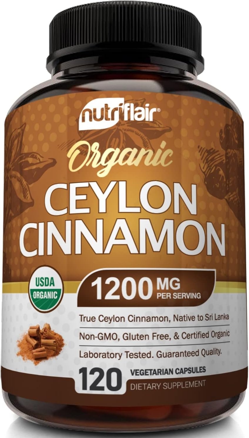 NutriFlair Organic Ceylon Cinnamon (100% Certified Organic Ceylon Cinnamon) 1200mg per Serving, 120 Capsules - Joints, Inflammatory, Antioxidant, Glucose Metabolism Support- True Sri Lanka Cinnamon