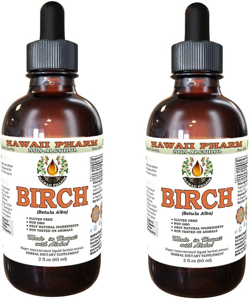 Birch Alcohol-Free Liquid Extract, Birch (Betula Alba) Dried Bark Glycerite Hawaii Pharm Natural Herbal Supplement 2x2 oz