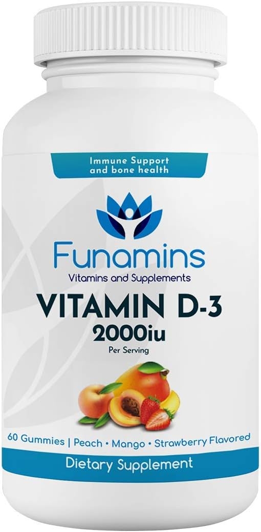 Funamins Vitamin D3 Gummies, 2000iu per Serving, 60 Count, Supports Immune System and Bone Health; for Kids & Adults; Peach, Mango, Strawberry Flavors