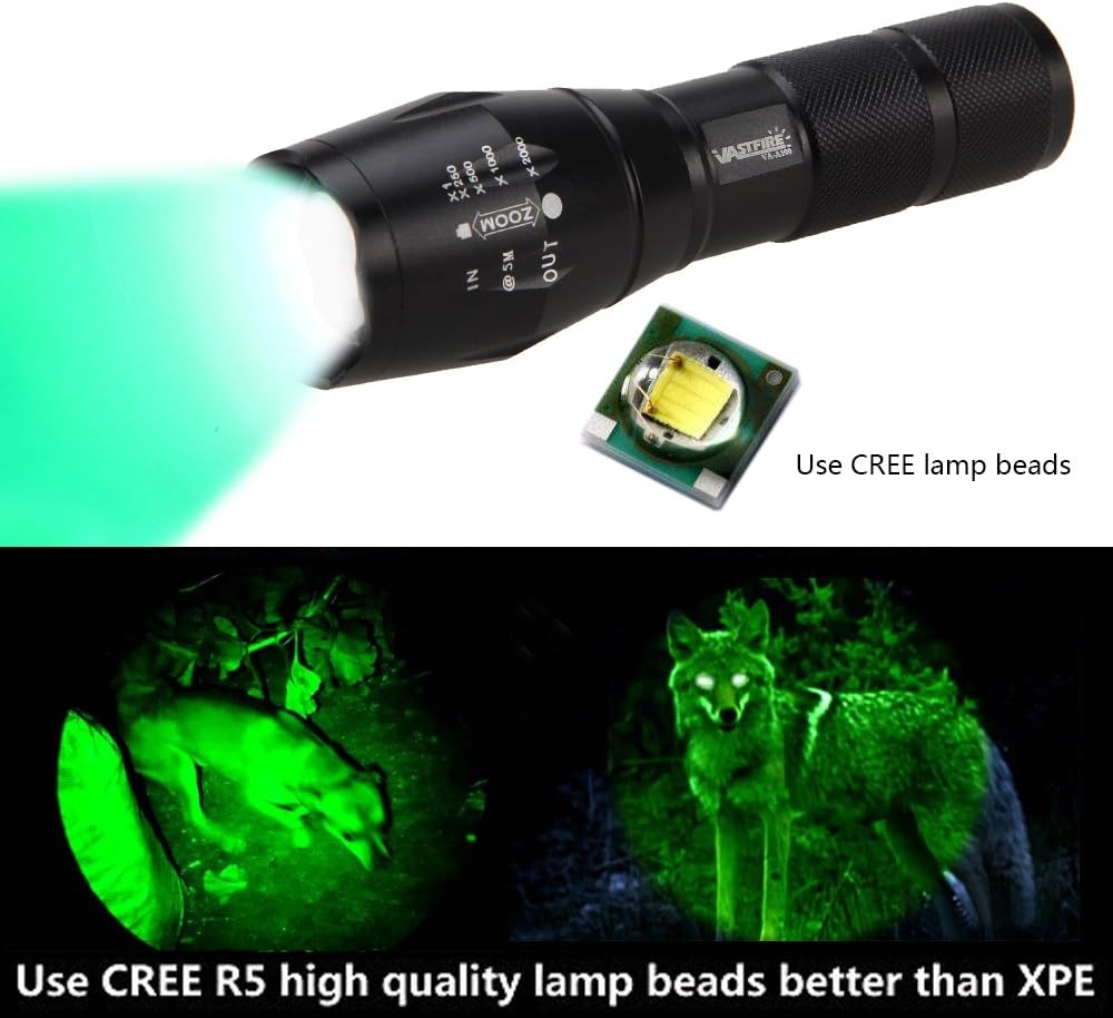 VASTFIRE 350 Yard Green Hunting Light Zoomable Flashlight Hog Predator Lights with Pressure Switch Picatinny Rail Mount 1 Inch to 30mm Scope Mount Gift Carrying Case