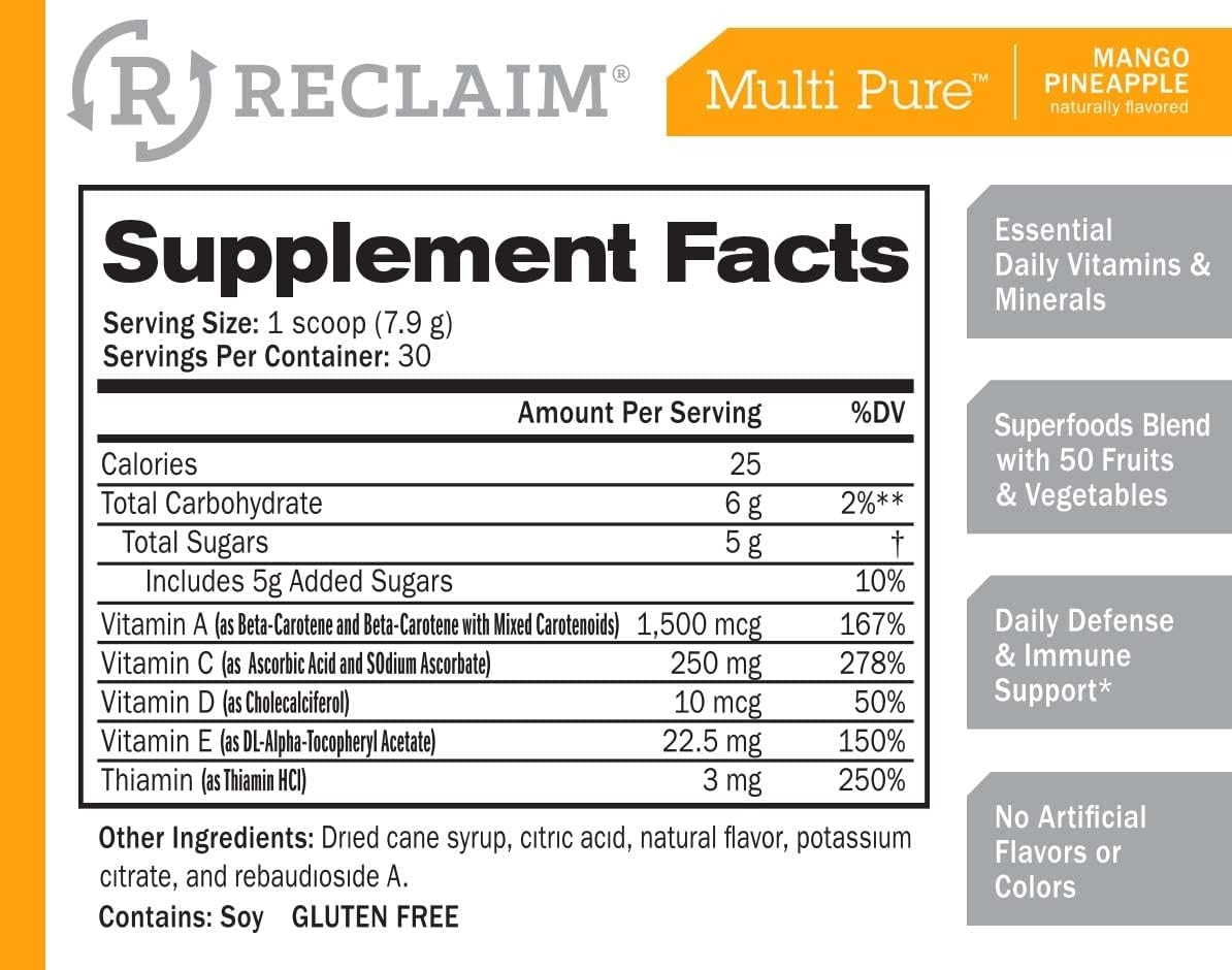 Reclaim Multi Pure Mango Pineapple, Digestive and Immune Support, Vitamin and Mineral Supplement (30 Servings)…