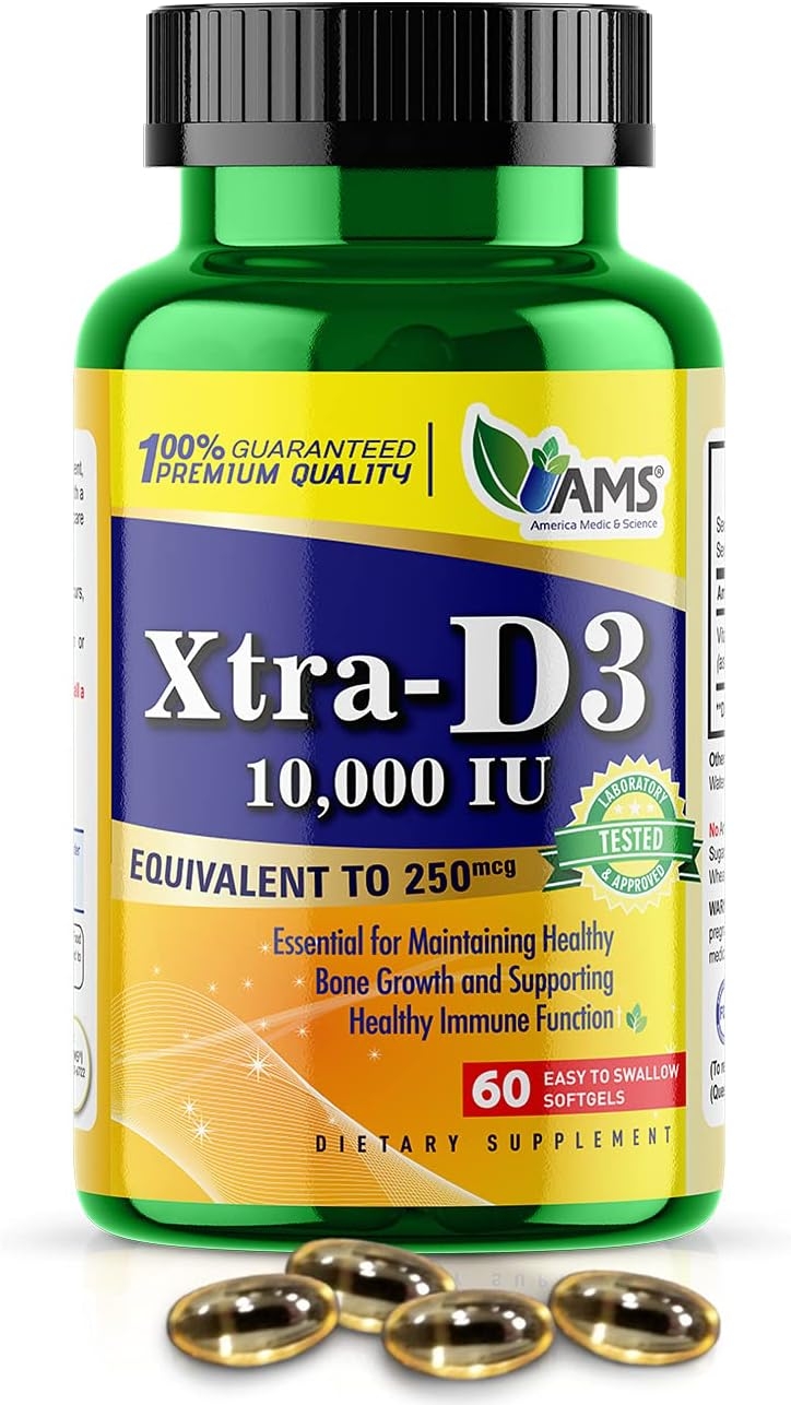 America Medic & Science Xtra D3 Vitamin D 10,000 IU (250 mcg) Cholecalciferol Supplement for Men & Women (60 Easy to Swallow Softgels) Best for Bone, Heart Health, Immune System Support, Lung Function