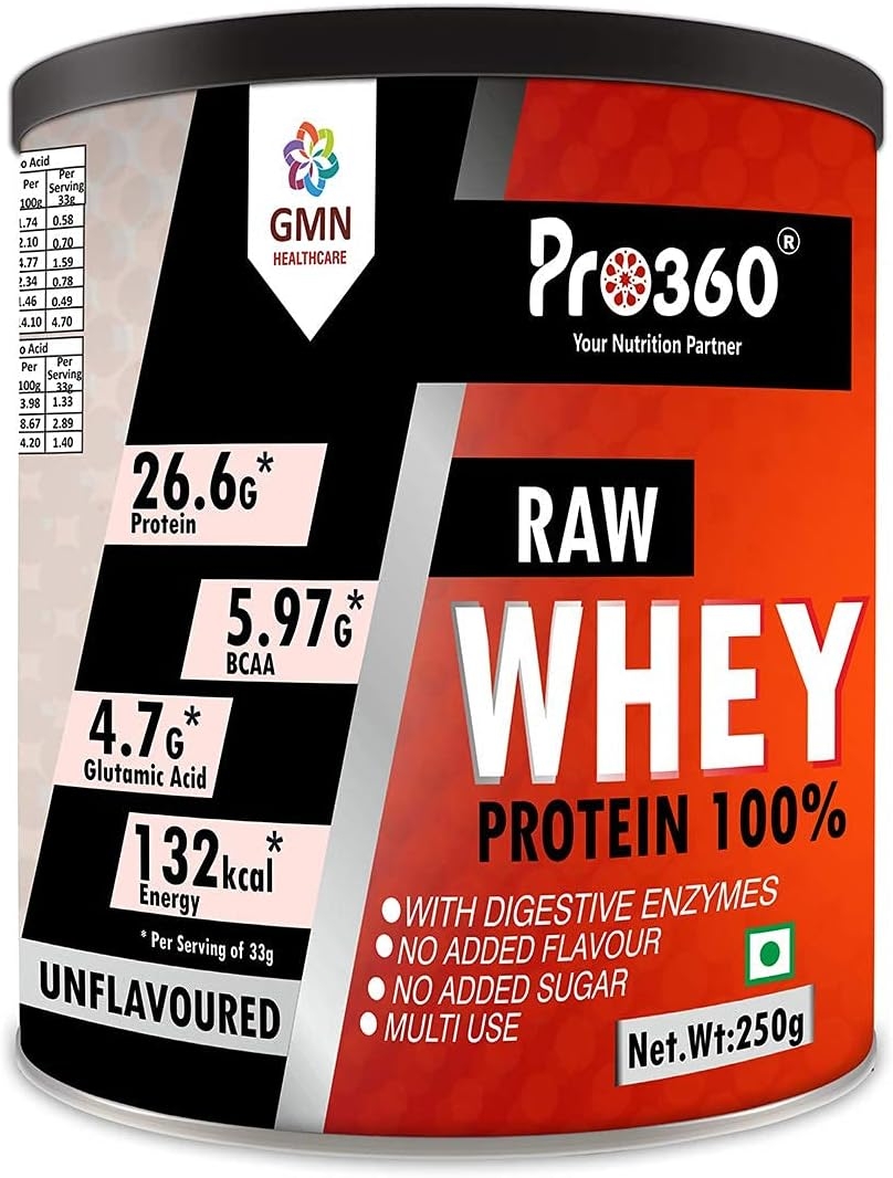 Spare Pro360 RAW WHEY Protein 100% - UNFLAVORED - 250gm (100% Whey with Digestive Enzymes, 26.6g Protein, 5.97g BCAA, 4.7g Glutamic Acid per Serving)