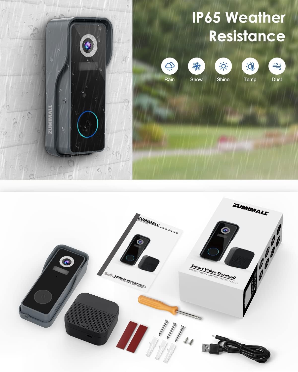 【2021 Upgraded】 ZUMIMALL WiFi Video Doorbell Camera, Wireless Camera Doorbell with Chime, 1080P HD, Motion Detection, Night Vision, 2-Way Audio, Cloud Storage(Optional), 32 GB SD Card Included