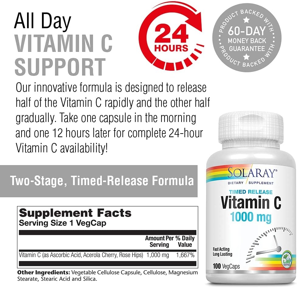 Solaray Vitamin C w/Rose Hips & Acerola | 1000mg | Two-Stage Timed-Release Healthy Immune Function (100 VegCaps)