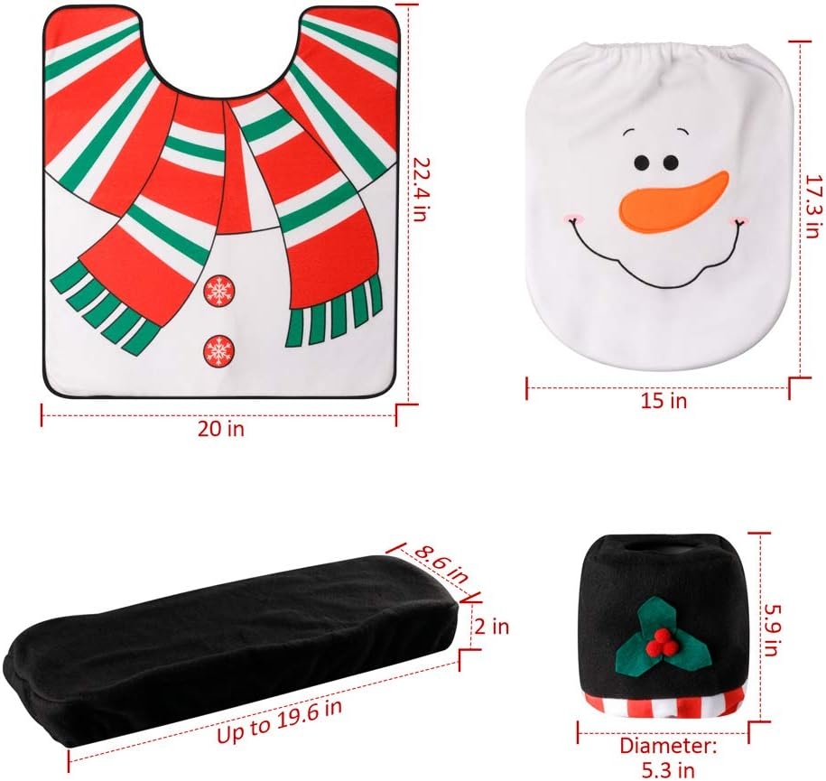 D-FantiX 4-Piece Snowman Santa Toilet Seat Cover and Rug Set Red Christmas Decorations Bathroom