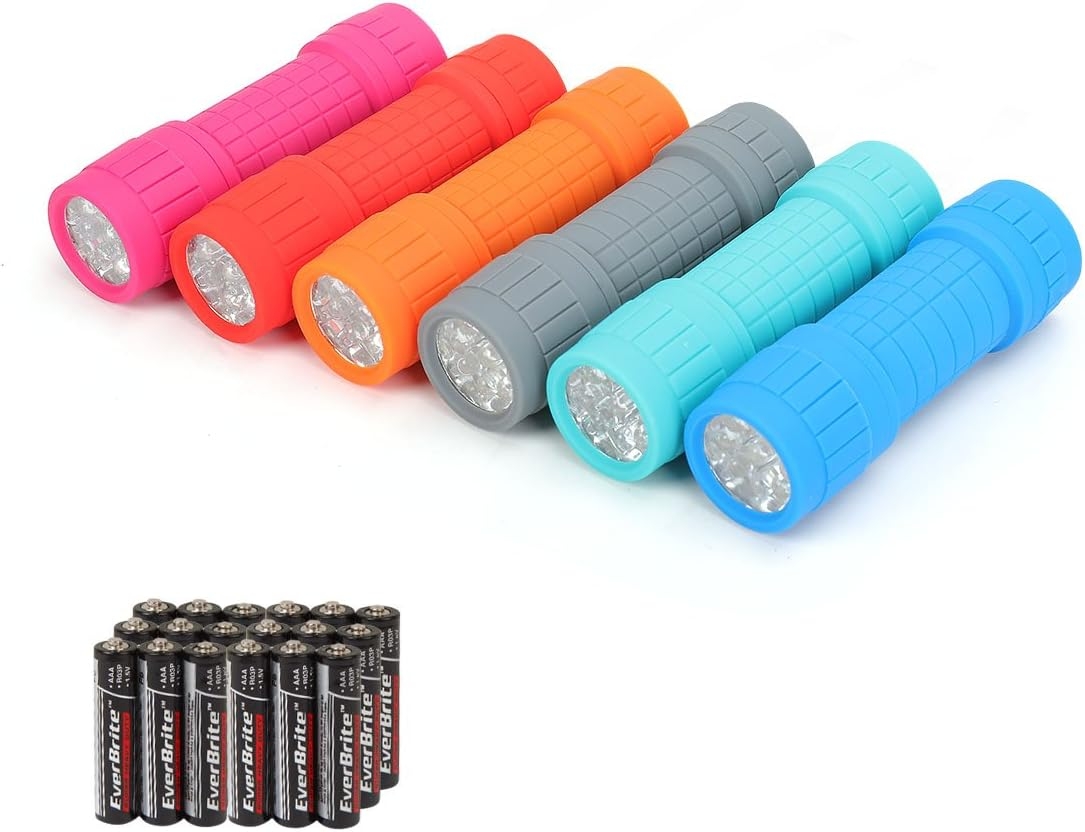 EverBrite 9-LED Flashlight 6-pack Impact Handheld Torch Assorted Colors with Lanyard 3AAA Battery Included (Hurricane Supplies, Camping, Hiking, Emergency, Hunting)