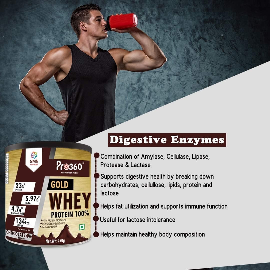 Spare Pro360 Gold Whey Protein - Chocolate Flavored - (100% Whey Protein with Digestive Enzymes, 23g Protein, 5.97g BCAA, 4.7g Glutamic Acid per Serving) (250g)