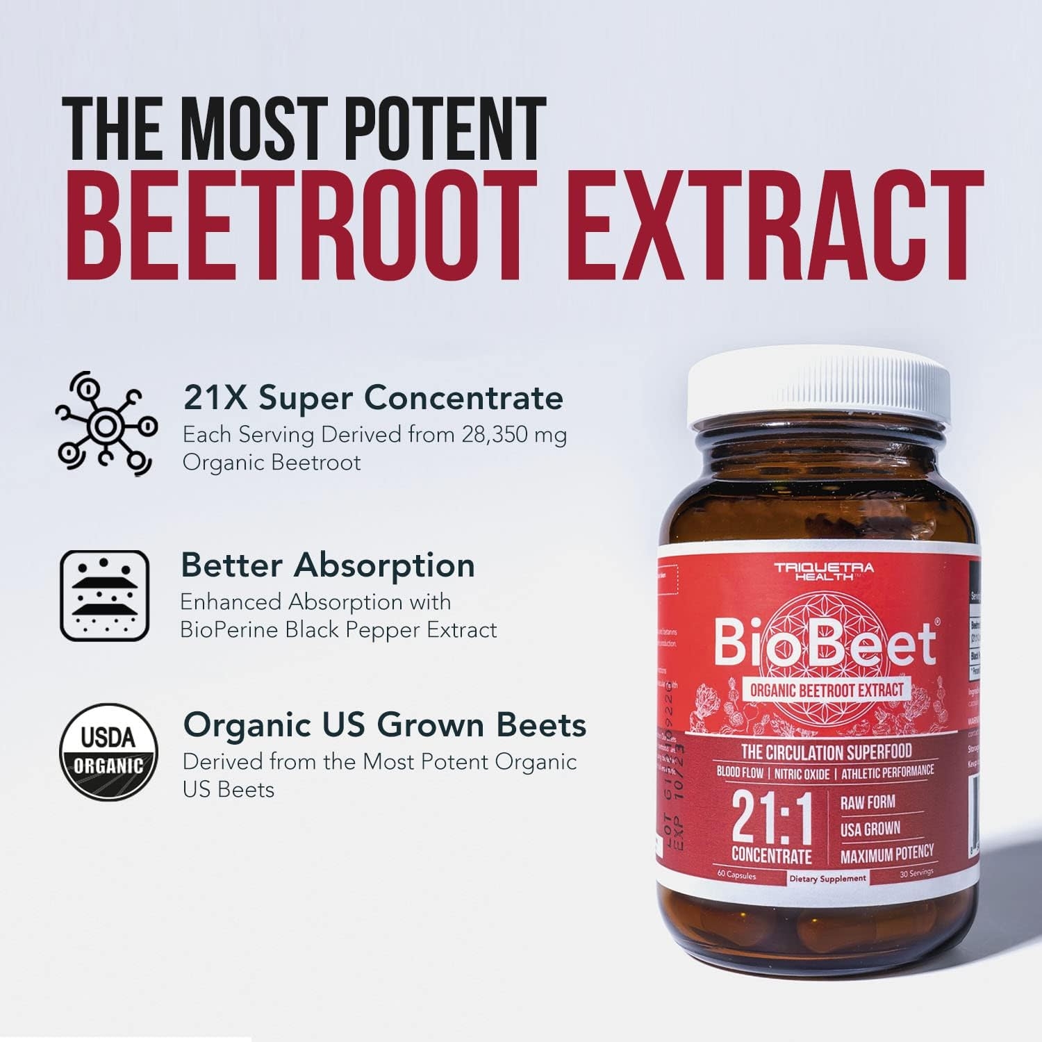 BioBeet® Max Strength Beet Root Capsules - 21:1 Concentrate, Each Serving Derived from 28,350 mg Organic Beetroot - Absorption Enhancement with BioPerine® Black Pepper Extract (60 Capsules)