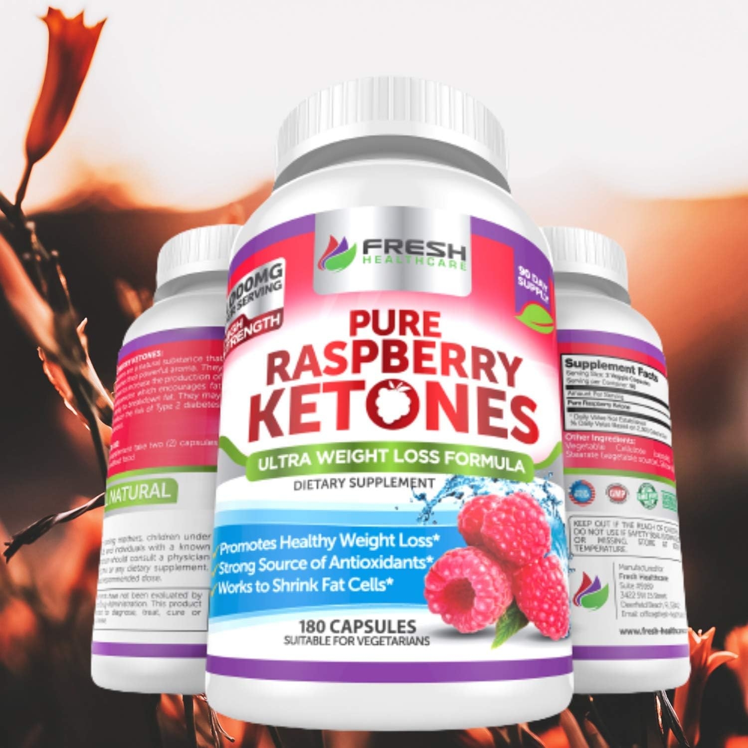 Pure 100% Raspberry Ketones Max 1000mg Per Serving - 3 Month Supply - Powerful Weight Loss Supplement - Provides Energy Boost for Weight Loss - 180 Capsules by Fresh Healthcare