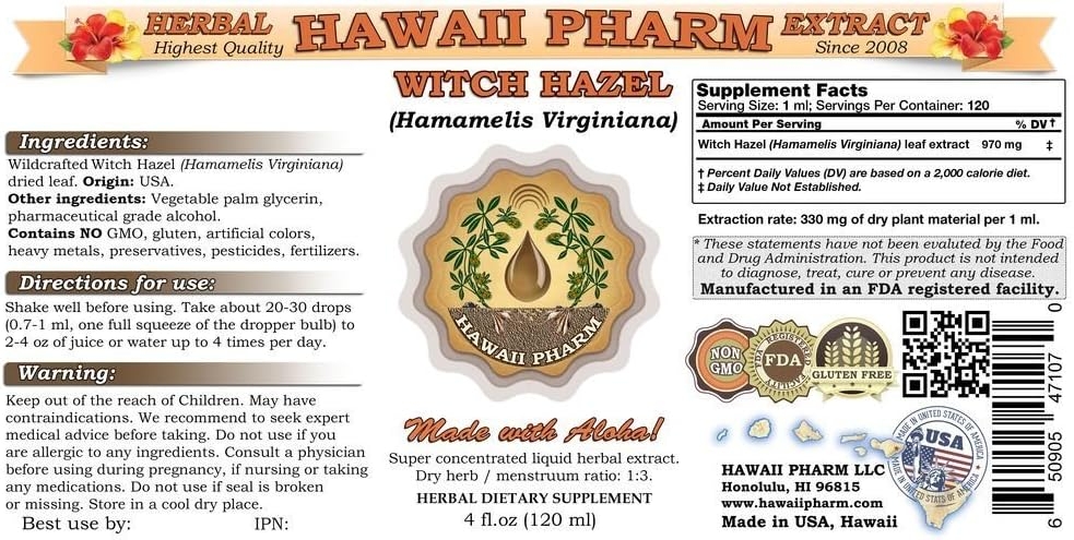 Witch Hazel Liquid Extract, Witch Hazel (Hamamelis Virginiana) Tincture, Herbal Supplement, Hawaii Pharm, Made in USA, 2x2 fl.oz