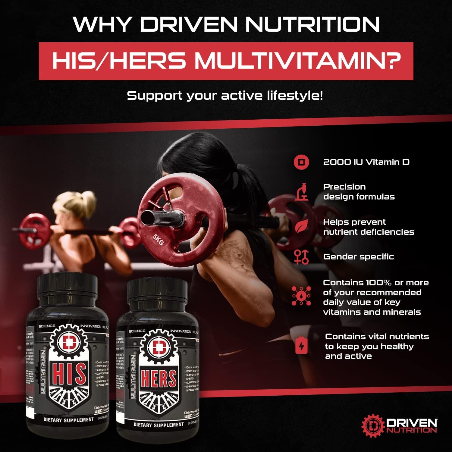 Driven Nutrition Hers Multivitamin, 90 Ct - Women's Blend of Vitamins, Minerals & Nutrients - Energy, Metabolism, Immune Support, Recovery & Brain Function - Vitamin A, E, D, C, Magnesium, Zinc & More