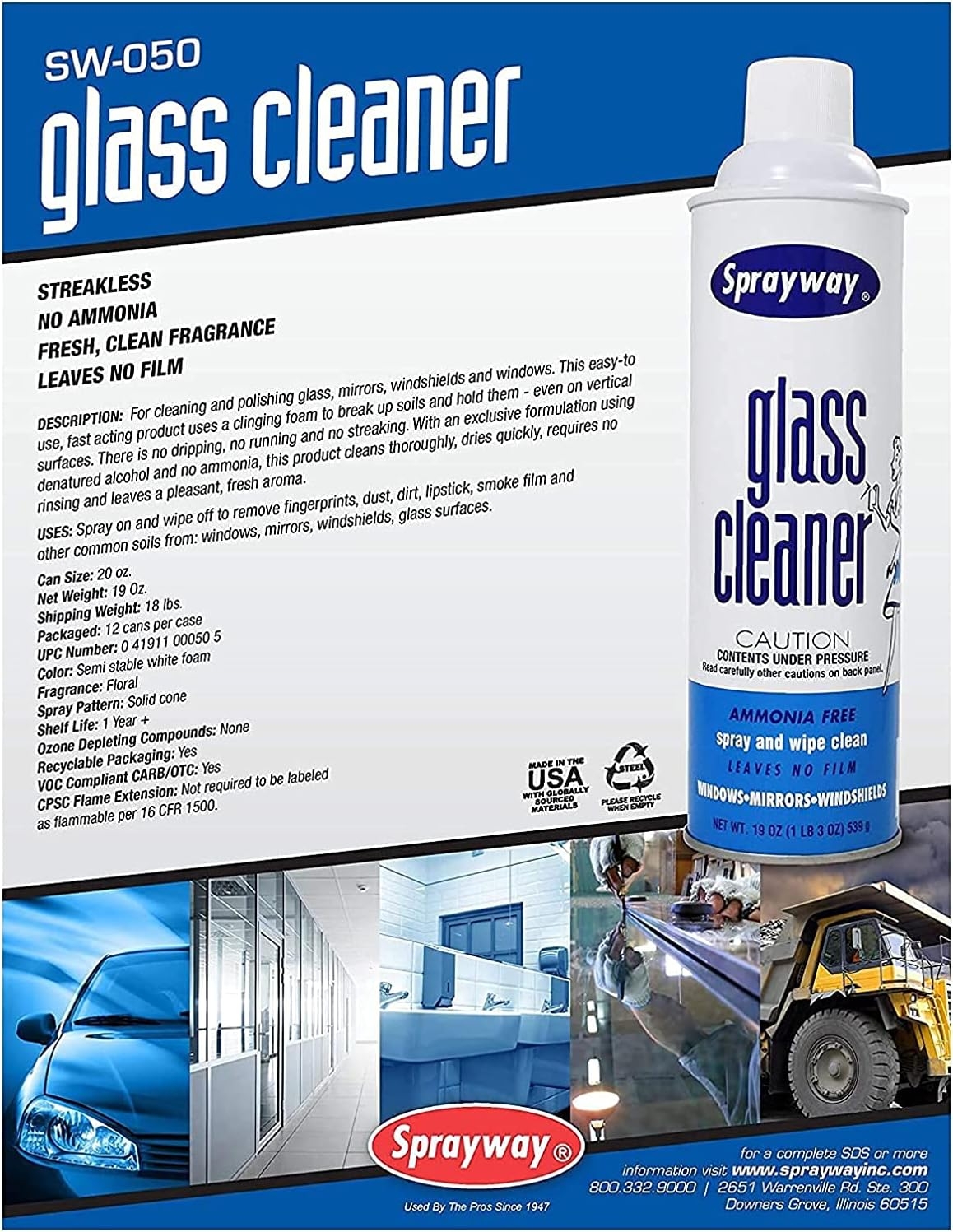 Sprayway SW053R Ammonia-Free Glass Cleaner, Foaming Action - Streakless Shine, 15 Ounce (Pack of 1)