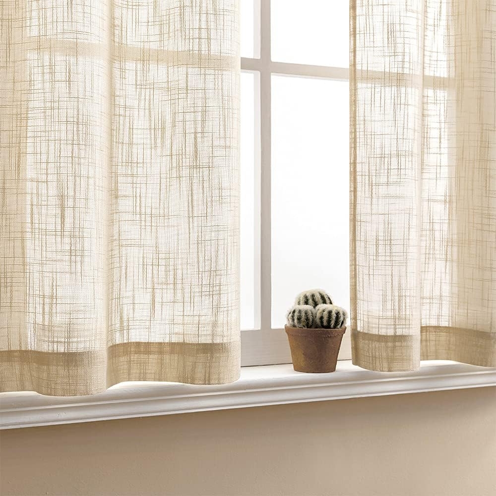 Beige Kitchen Curtains 24 inch Long for Bathroom Neutral Casual Weave Linen Textured Sheer Short Rod Pocket Small Half Window Treatments Tier for Bedroom Natural Flax Color
