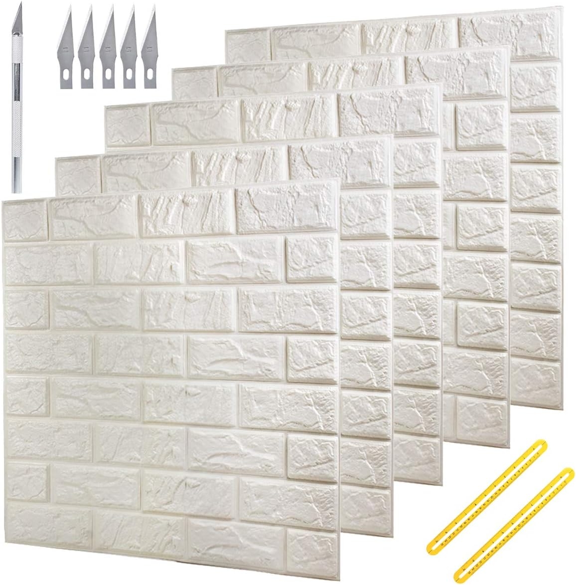 White 3D Brick Wallpaper 20 pcs Faux Brick Textured Effect Background Stickers for Wall Decoration Total 144 Square Feet Coverage