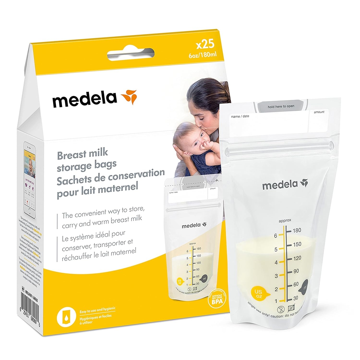 Medela Breastmilk Storage Bags, 25 Count, Ready to Use Breast Milk Storing Bags for Breastfeeding, Self Standing Bag, Space Saving Flat Profile, Hygienically Pre-Sealed, 6 Ounce, White