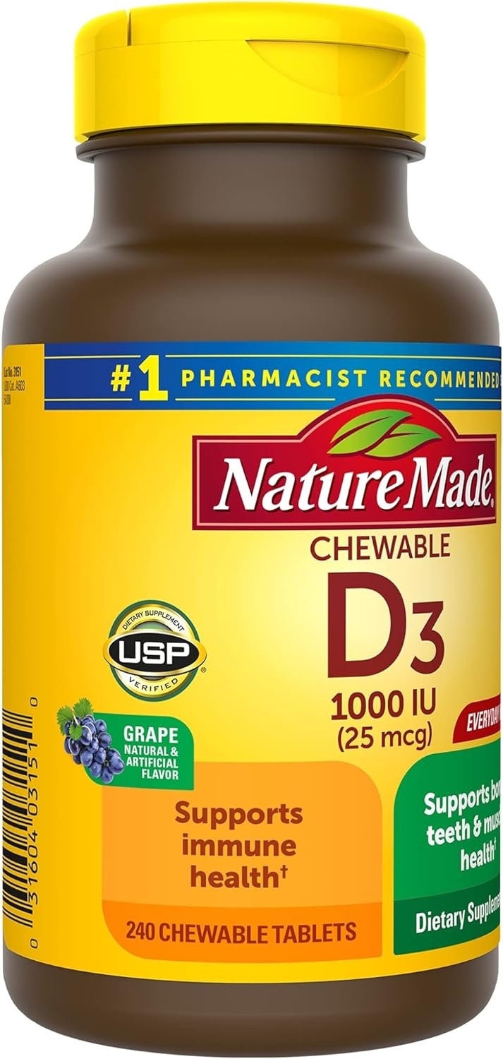 Nature Made Adult Chewable D3 1000 IU Grape Flavored Tablets, 240 Ct 2 Pack