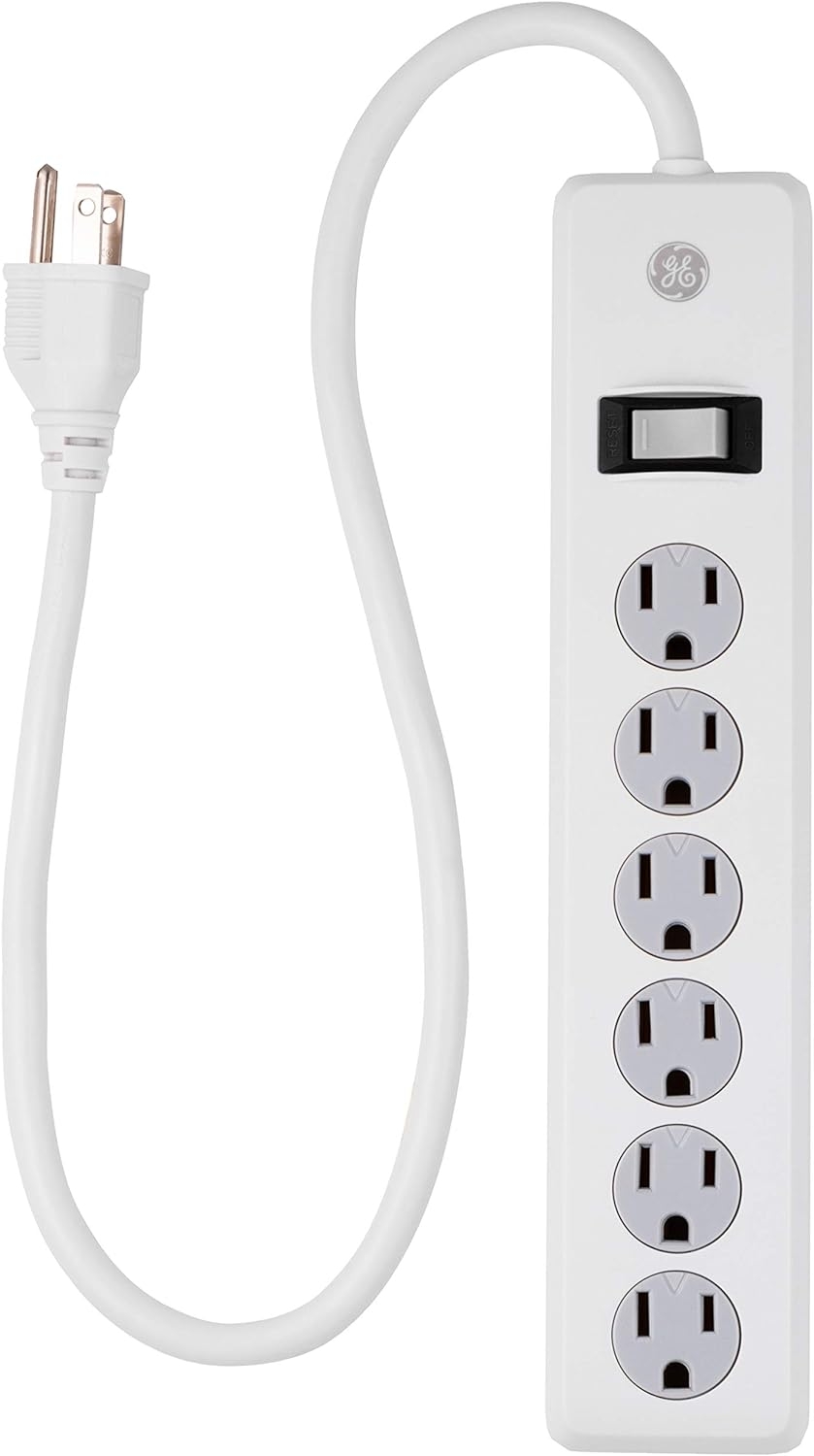 GE 14009-5 Power Strip Surge Protector, 6 Outlets, 2ft Power Cord, 450 Joules, Safety Locks, Multi Outlet, Wall Mount, White, 14009