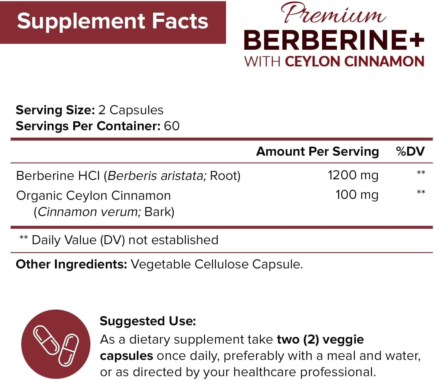 NutriFlair Premium Berberine HCL 1200mg, 120 Capsules - Plus Pure True Ceylon Cinnamon, Berberine HCI Root Supplements Pills - Supports Glucose Metabolism, Immune System, Healthy Weight Management