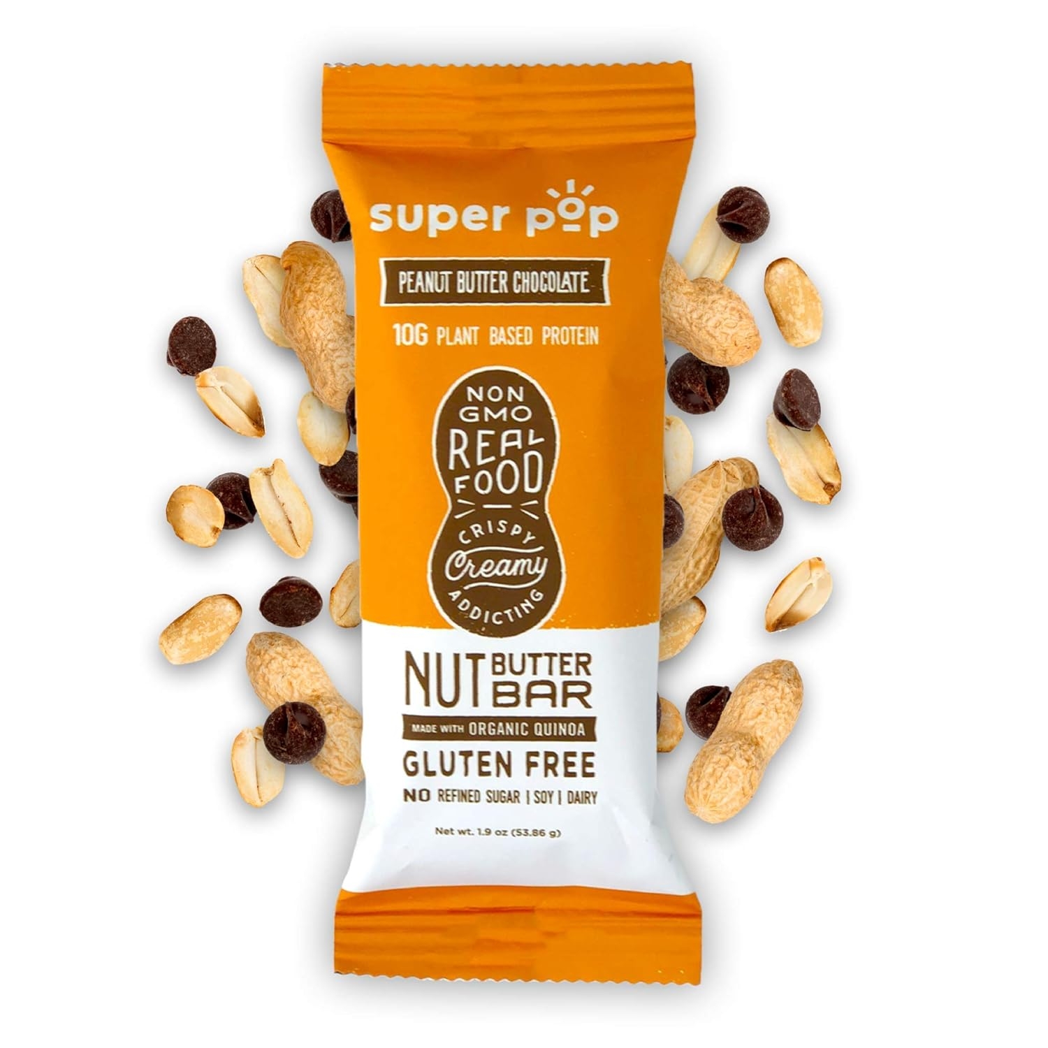 Super Pop Snacks Plant Based Protein Bar, Peanut Butter Chocolate, Made with Performance Nut Butter and Whole Foods, Vegan Friendly Ingredients, Dairy Free, Keto Friendly, 10g of Protein, 12 pack