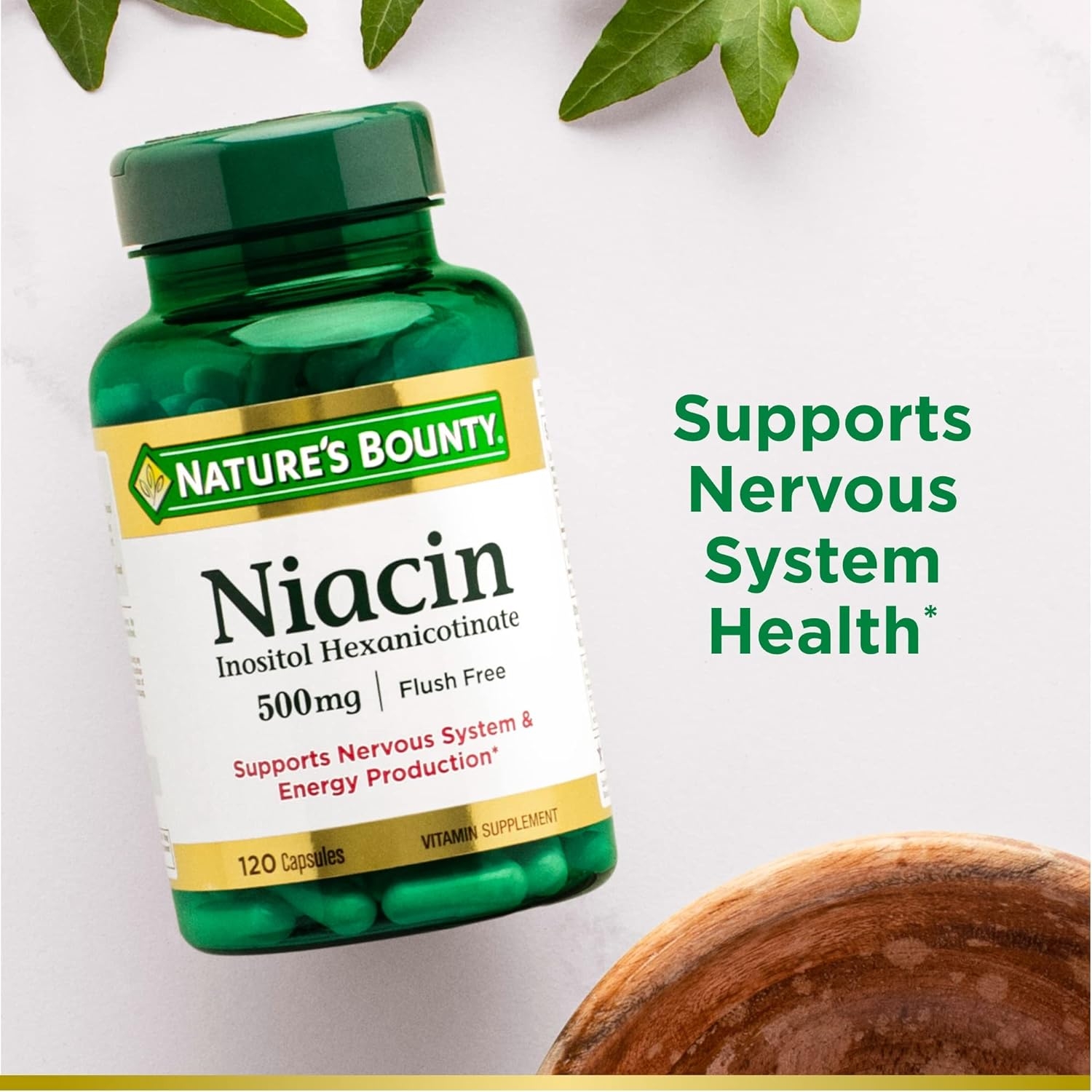 Nature’s Bounty Niacin 500mg Flush Free, Cellular Energy Support, Supports Nervous System Health, 120 Capsules