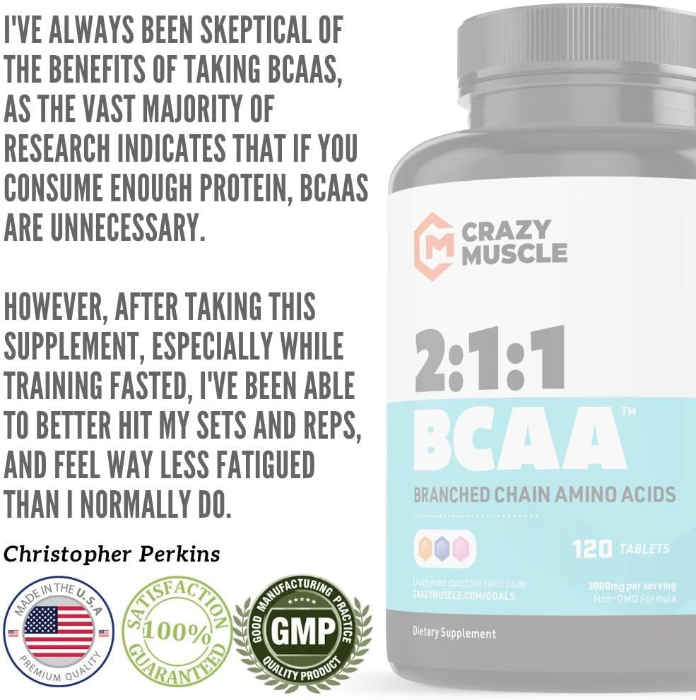 Crazy Muscle BCAA Pills with The Perfect 2:1:1 Ratio of Branched Chain Amino Acids Supplement - 1000mg of BCAAs per Pill (Better Than Capsules) by Crazy Muscle - 120 Tablets