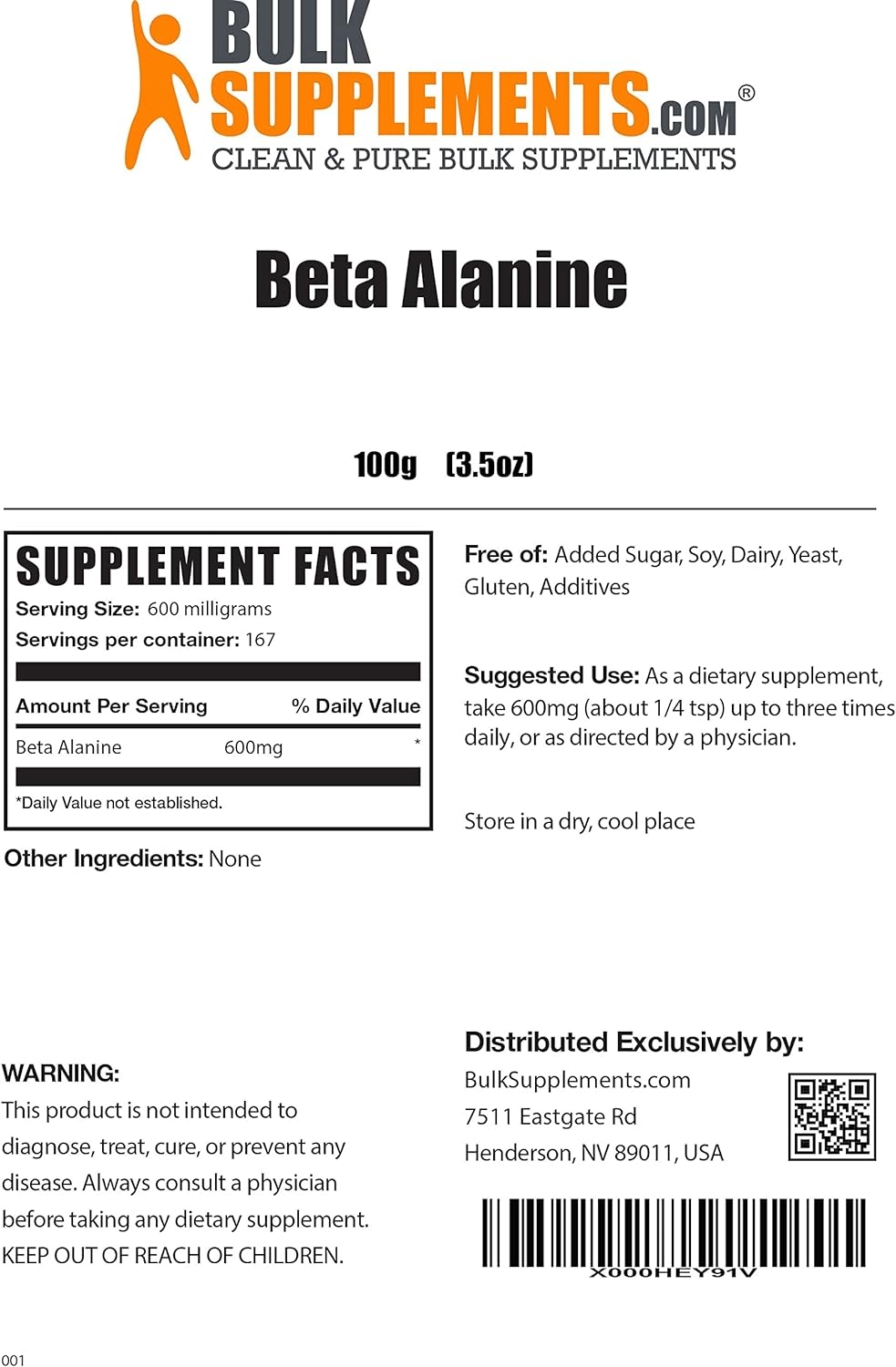 BulkSupplements.com Beta Alanine - Vegan Pre-Workout - Beta Alanine Powder - Pre-Workout Supplement (100 Grams - 3.5 oz - 167 Servings)