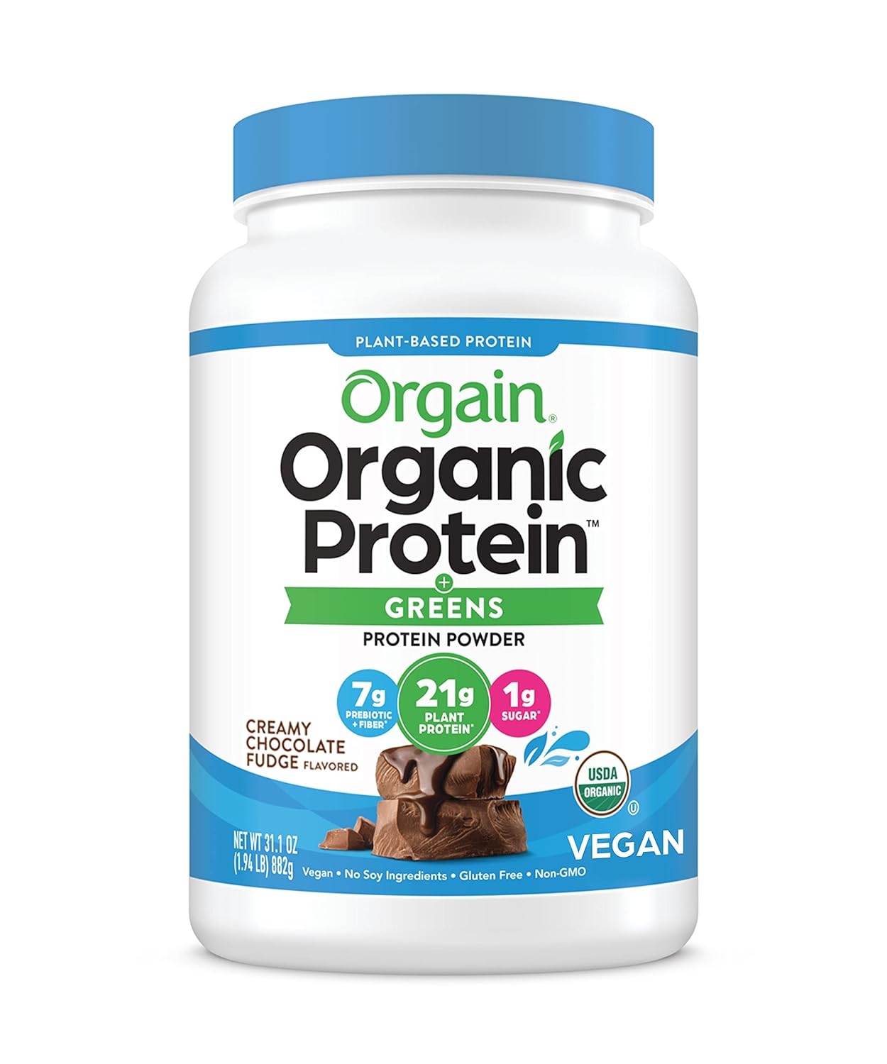Orgain Organic Protein & Greens Plant Based Protein Powder, Creamy Chocolate Fudge - 21g of Protein, Vegan, Gluten Free, Non-GMO, 1.94 Lb, 1 Count (Packaging May Vary)