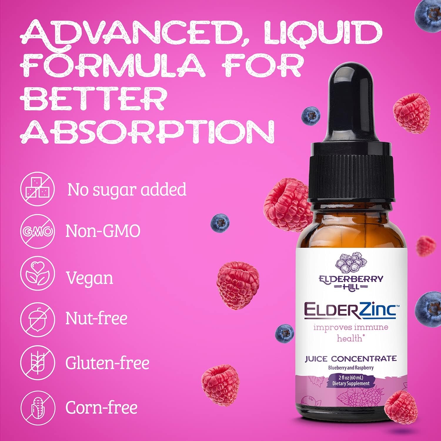 Elderzinc Liquid Drops Immunity Supplement - Elderberry Juice Extract with Vitamin C, Echinacea and Zinc Blend - Vegan Non GMO for Adults and Kids