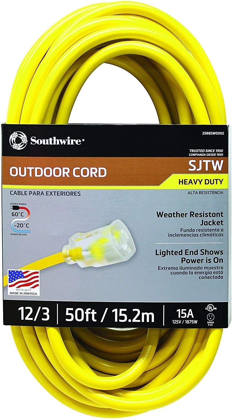 Southwire 2588SW0002 Outdoor Cord-12/3 SJTW Heavy Duty 3 Prong Extension Cord-for Commercial Use (50', Yellow), 50 Feet