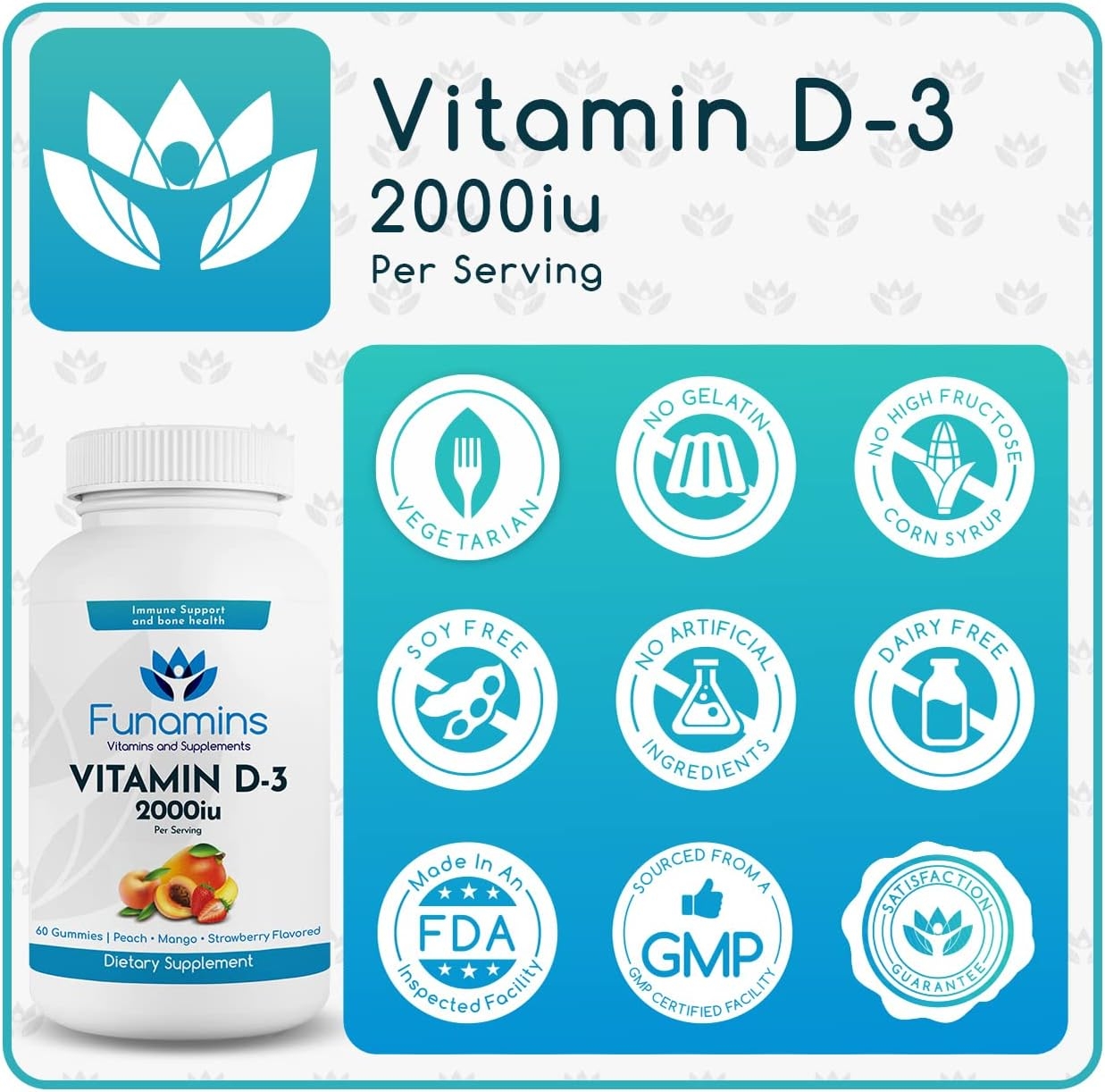 Funamins Vitamin D3 Gummies, 2000iu per Serving, 60 Count, Supports Immune System and Bone Health; for Kids & Adults; Peach, Mango, Strawberry Flavors