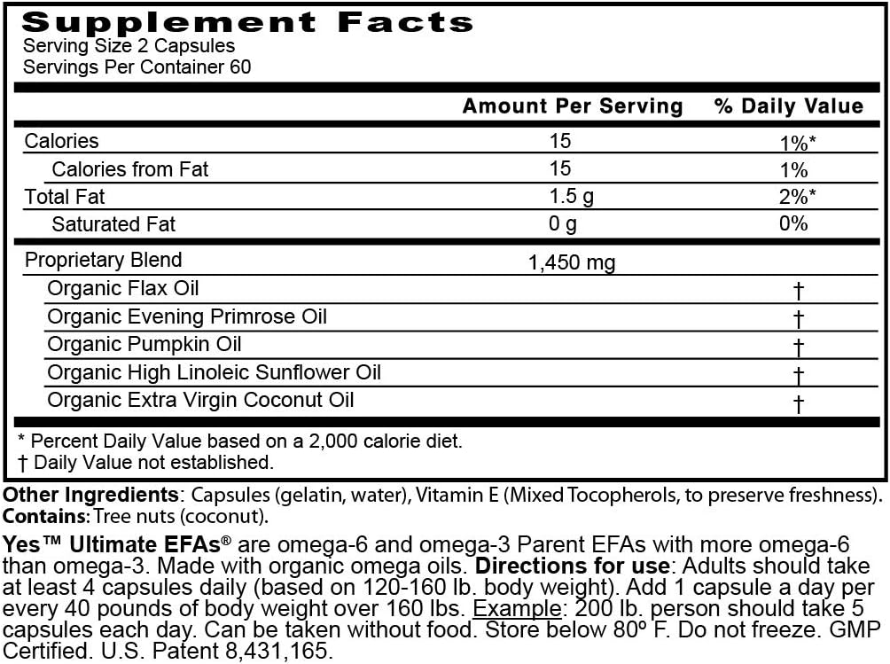 Yes Parent Essential Oils ULTIMATE EFAs 120 Capsules (4 Pack), Based On The Peskin Protocol, Plant Based Organic Oils, Omega 3 6, Vegetarian, Keto Friendly