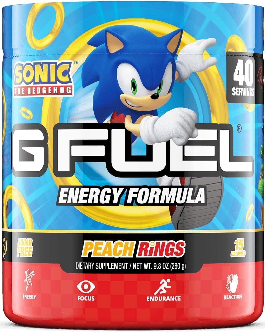 G Fuel Sonic's Peach Rings Candy Flavored Game Changing Elite Energy Powder, Sharpens Mental Focus and Cognitive Function, Zero Sugar, Supports Immunity and Enhances Mood 9.8 oz (40 Servings)