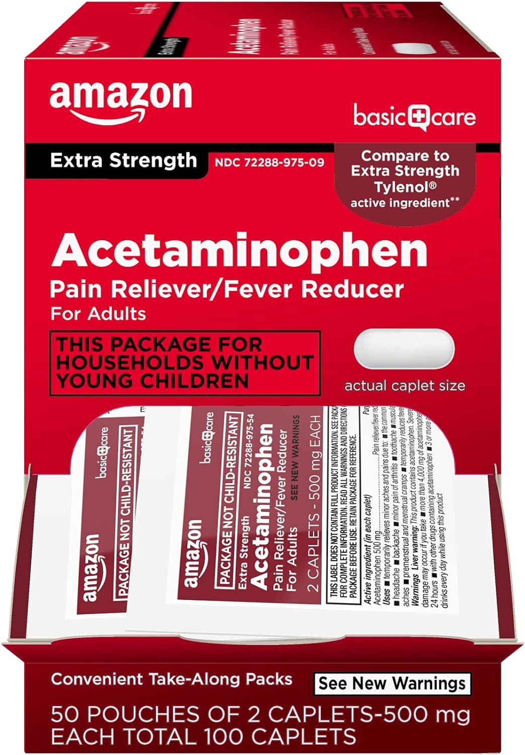 Basic Care Extra Strength Acetaminophen Caplets 500 mg, Pain Reliever and Fever Reducer, Easy Open Cap, 100 Count