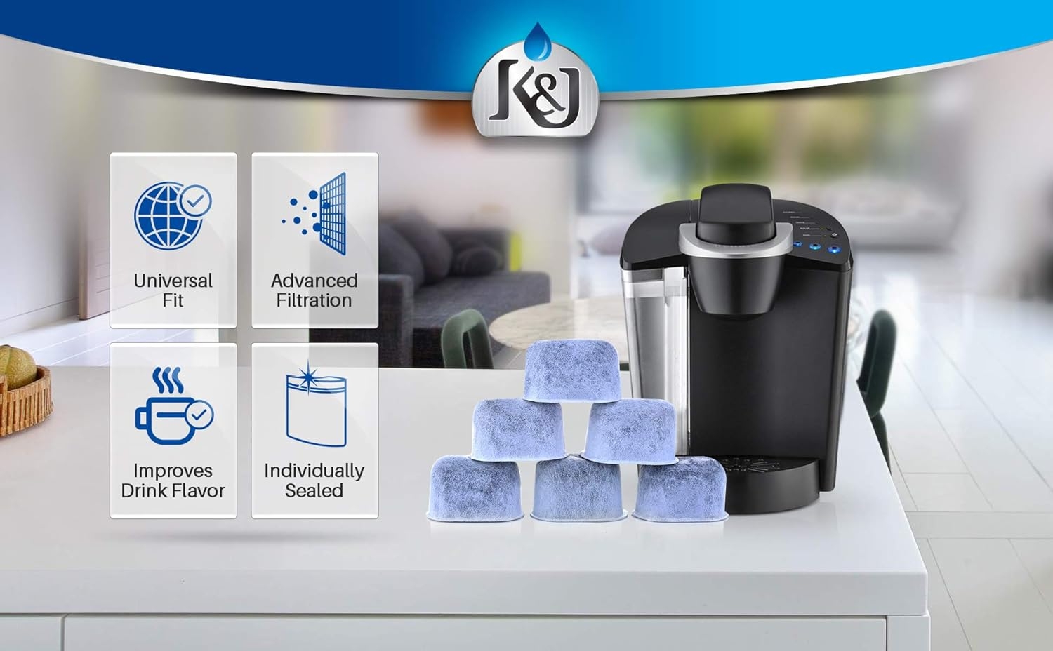 12-Pack Compatible KEURIG Replacment Water Filters by K&J - Universal Fit (NOT CUISINART) Keurig Compatible Filters - Replacement Charcoal Water Filters for Keurig 2.0 (and older) Coffee Machines