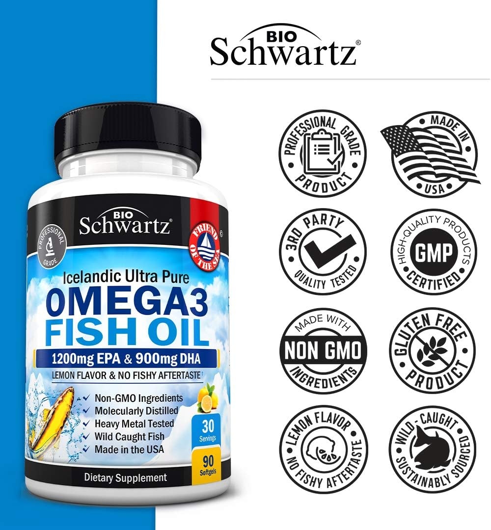 Omega 3 Fish Oil Supplement – Immune & Heart Support Benefits– Promotes Joint, Eyes, Brain & Skin Health - Non GMO, Pharmaceutical Grade - Lemon Flavor EPA 1200mg, DHA 900mg Fatty Acids Gluten Free