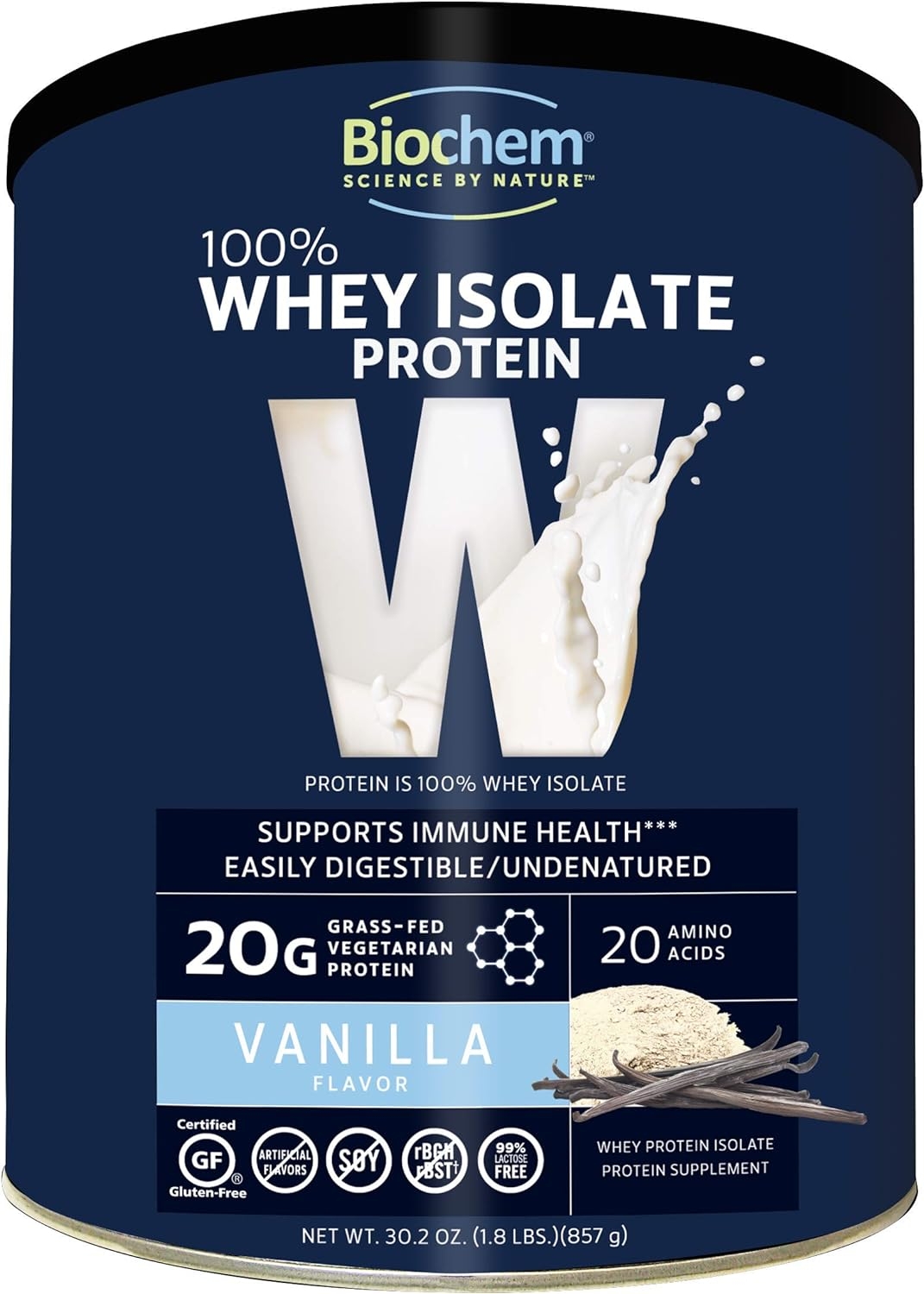 Biochem 100% Whey Isolate Protein - Vanilla - 30.2 oz - 20g of Protein - Meal Replacement -Supports Lean Muscle - Easily Digestible - Silky Smooth Taste - Amino Acids