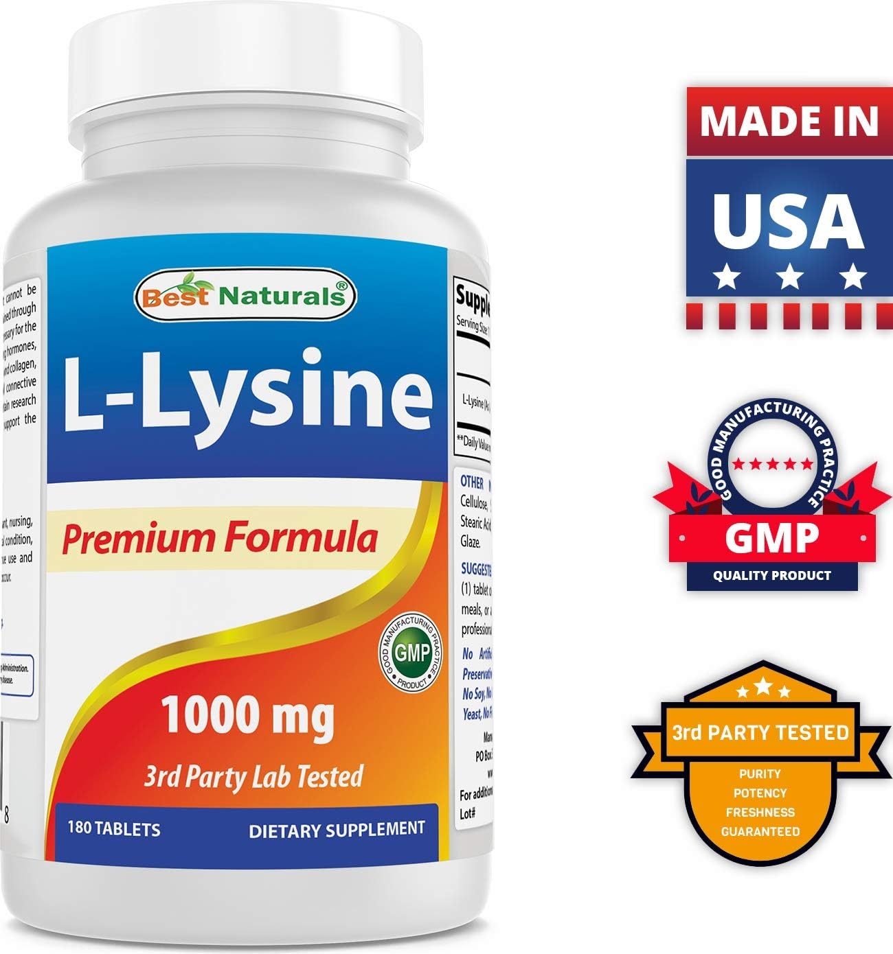 Best Naturals L-Lysine 1000mg 180 Tablets - Double Strength Lysine for stronger immune health & cold sores