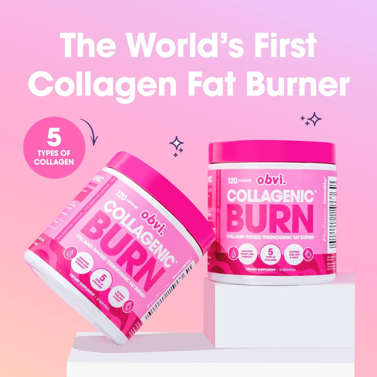 Obvi Collagen Burn, Collagenic Fat Burner, Thermogenic Fat Burner for Weight Loss, Weight Management, Boost Energy and Focus, Youthful Skin and Hair (30 Servings,120 Capsules)
