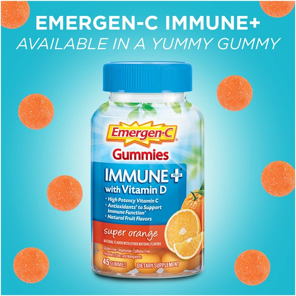 Emergen-C Immune+ Immune Gummies, Vitamin D plus 750 mg Vitamin C, Immune Support Dietary Supplement, Caffeine Free, Gluten Free, Raspberry Flavor - 45 Count