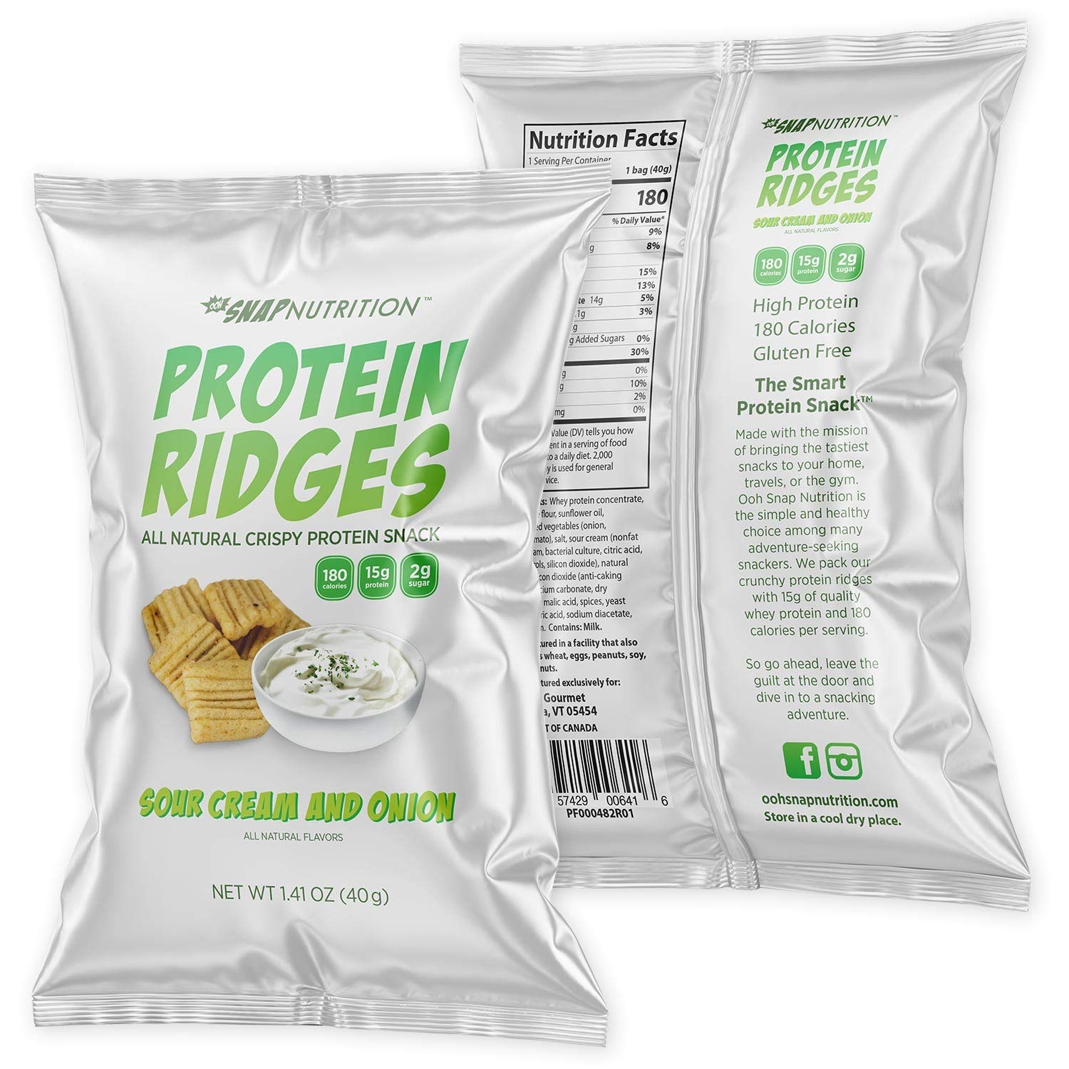Ooh Snap Nutrition Protein Ridges - Gluten Free and All Natural Whey Protein Chips - Low Calories and Low Sugar Snack - Sour Cream and Onion, 15 Count