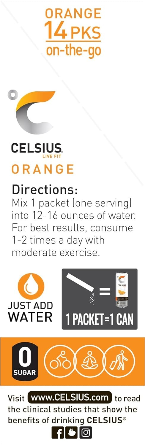 CELSIUS Orange On-the-Go Powder Stick Packs, Pack of 14
