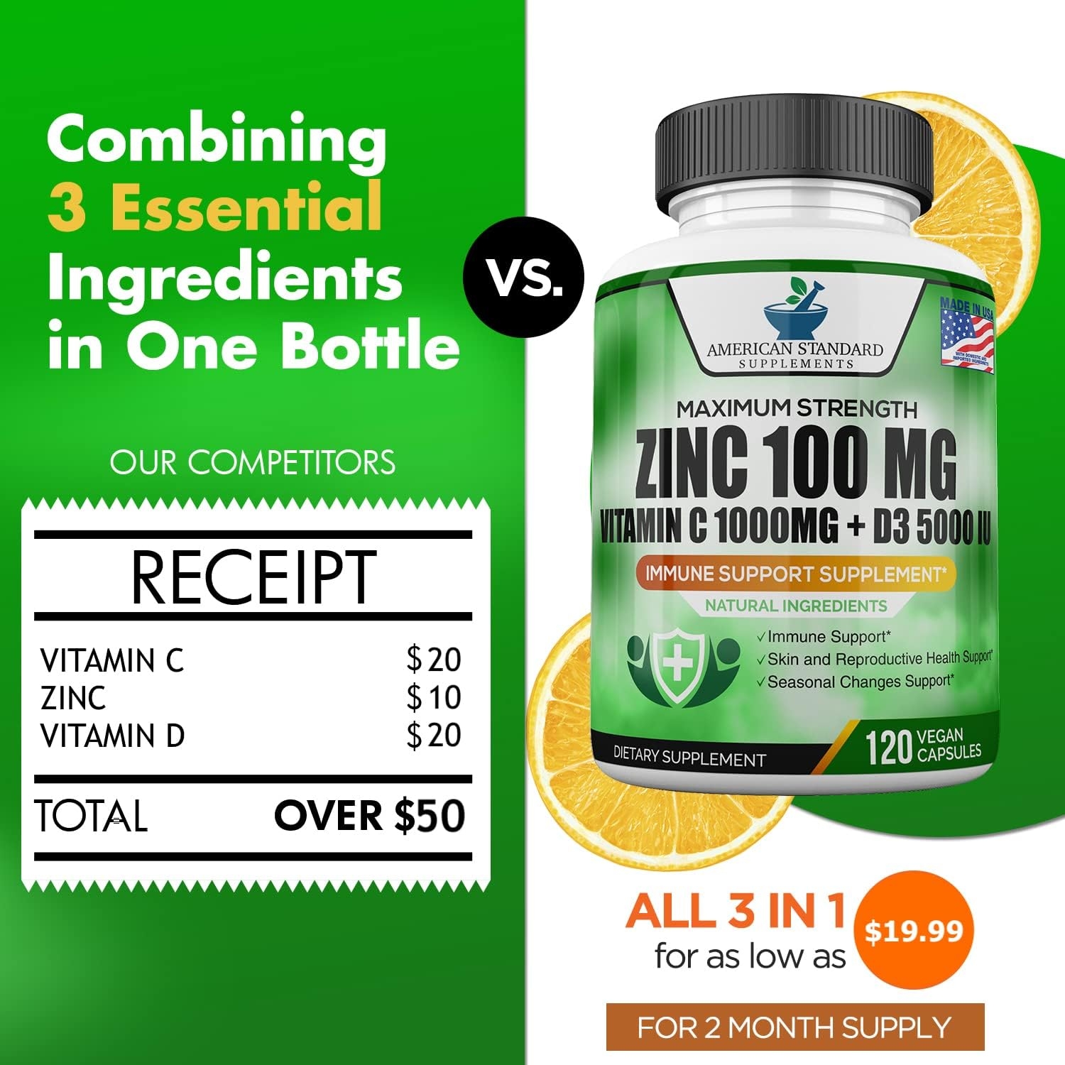Zinc 100mg, Vitamin C 1000mg, Vitamin D 5000IU per Serving, Immune Support for Adults Kids, Immune System Booster Supplements, Non GMO, No Filler, No Stearate, 120 Vegan Capsules, 60 Day Supply