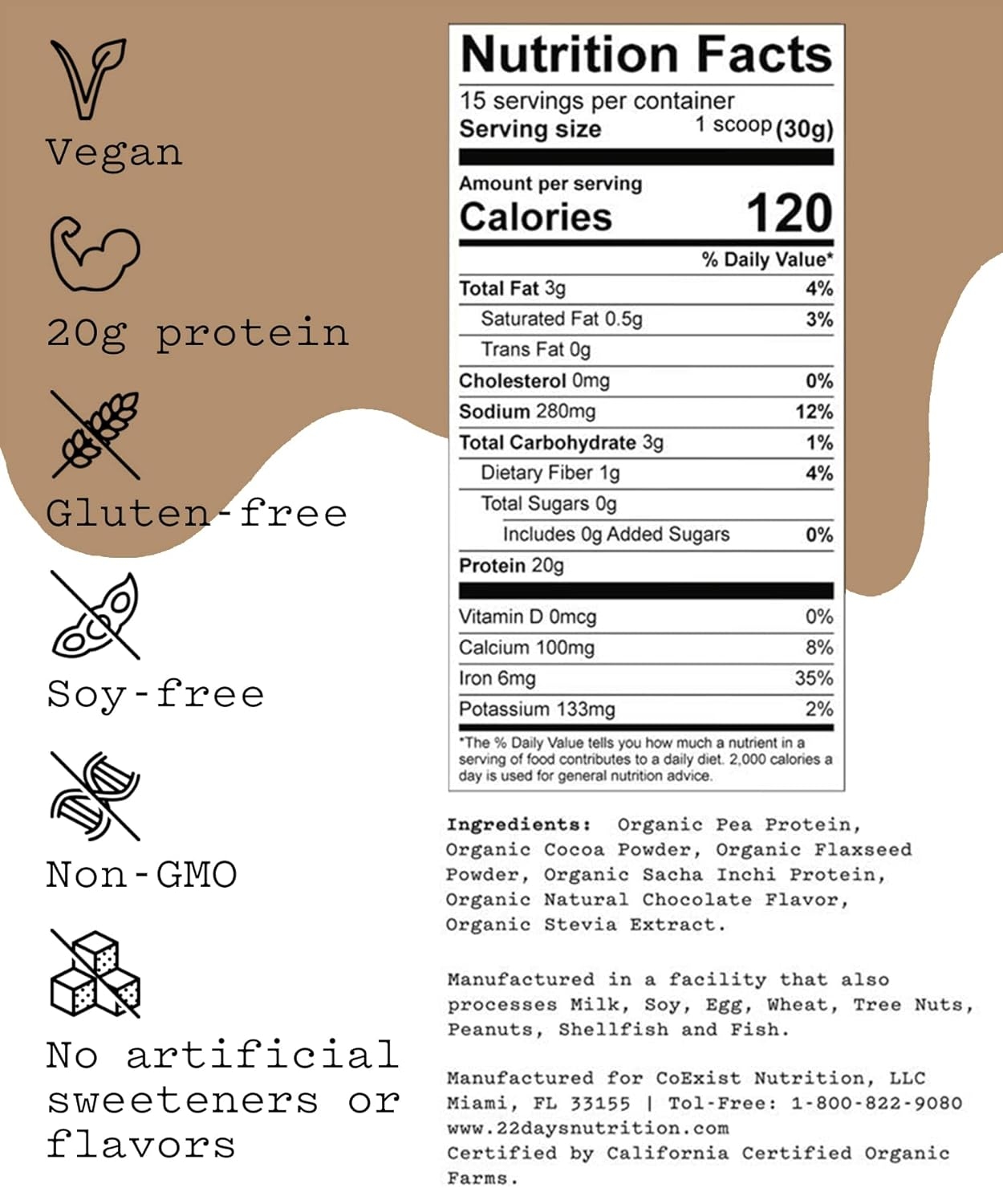 22 Days Nutrition Organic Protein Powder, Chocolate, 15 Serving | Delicious, Gluten Free, Vegan, Pea, Flax, and Sacha Inchi Plant Based Protein Powder (20g)
