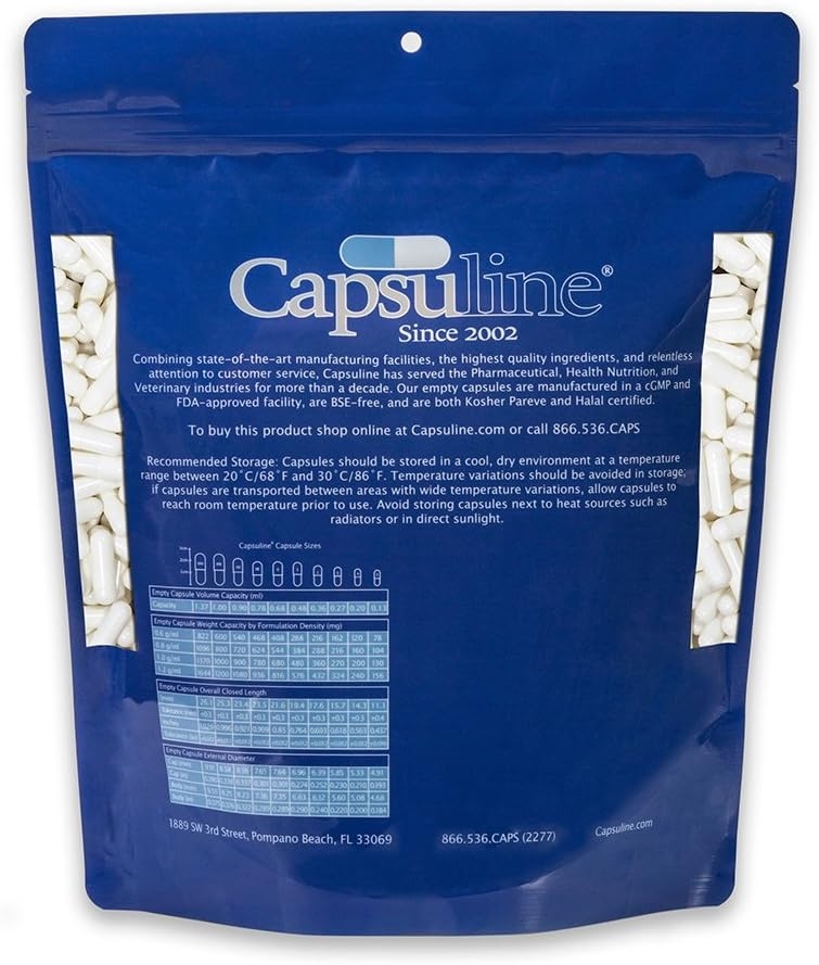 Colored Size 00 Empty Vegetarian Capsules by Capsuline - White/White 1000 Count |Kosher & Halal Certified |Non-GMO Certified